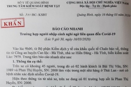 Quảng Bình: Báo cáo khẩn về trường hợp nhập cảnh nghi ngờ liên quan đến Covid-19