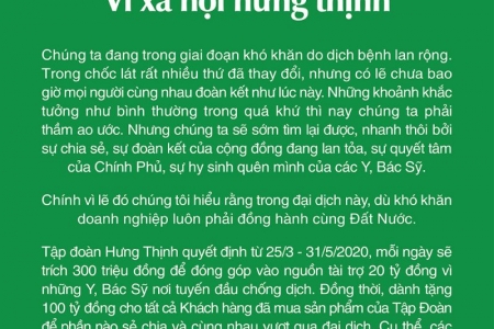 Tập đoàn Hưng Thịnh tài trợ 20 tỷ đồng cho Y, Bác sỹ nơi tuyến đầu chống dịch và dành tặng khách hàng 100 tỷ đồng