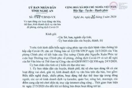 Nghệ An: Tạm dừng các hoạt động văn hóa, thể thao, kinh doanh dịch vụ văn hóa