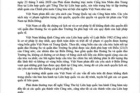 Việt Nam gửi công hàm lên Liên hợp quốc phản đối lập trường của Trung Quốc