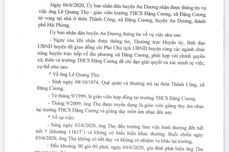 UBND huyện An Dương (Hải Phòng) thông tin về việc giáo viên trường THCS Đặng Cương tử vong tại nhà