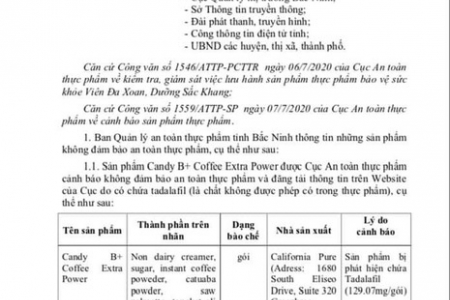 Bắc Ninh: BQL An toàn thực phẩm thông báo các sản phẩm không đảm bảo an toàn thực phẩm