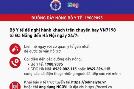 Nóng: Bộ Y tế thông báo khẩn tìm hành khách chuyến bay VN7198 từ Đà Nẵng đến Hà Nội ngày 24/7