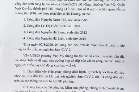 Hải Phòng: Sở Y tế vừa thông tin 35 trường hợp F1 liên quan đến BN751 có kết quả âm tính