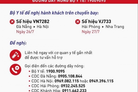 Bộ Y tế thông báo tìm người trên chuyến bay VN7282 và VJ733