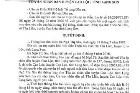 TAND huyện Cao Lộc (Lạng Sơn): Thông báo tìm kiếm người bị yêu cầu tuyên bố mất tích