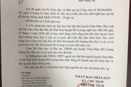 Nghệ An phát công văn khẩn cho nghỉ học ở một số địa phương để phòng dịch Covid-19