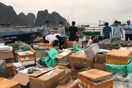 Bắt giữ vụ vận chuyển trái phép hàng chục tấn hàng tiêu dùng trên vùng biển Vịnh Bắc bộ