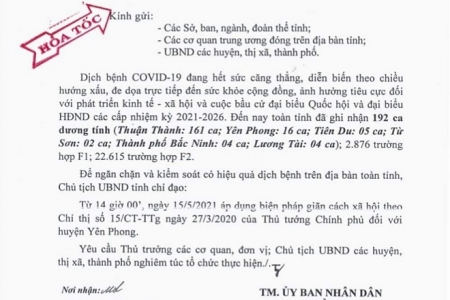 Bắc Ninh: Giãn cách xã hội huyện Yên Phong từ 14 giờ ngày 15/5