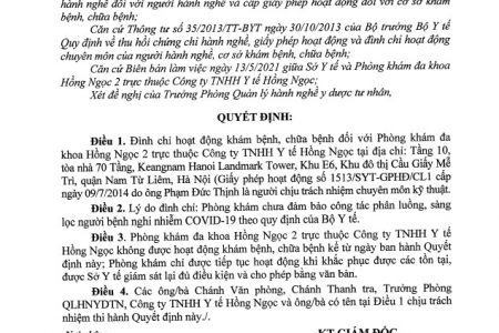 Sở Y tế Hà Nội: Đình chỉ hoạt động khám chữa bệnh tại Phòng khám đa khoa Hồng Ngọc 2