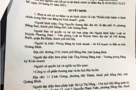 Quảng Bình: Phòng Đăng ký kinh doanh (Sở Kế hoạch & Đầu tư) bị kiện hành chính