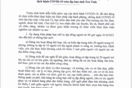 Tỉnh Trà Vinh ra chỉ thị về việc khẩn trương thực hiện các biện pháp cấp bách phòng chống dịch Covid-19