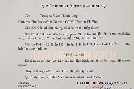 Nghệ An: Khởi tố vụ án 'Làm lây nhiễm dịch bệnh nguy hiểm cho người'