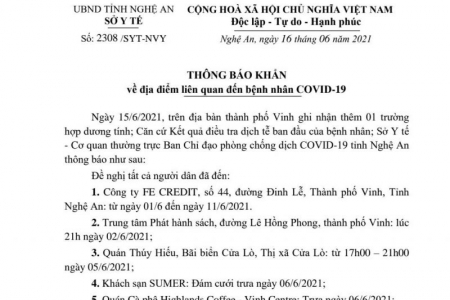 Thông báo khẩn tìm người đến các địa điểm liên quan đến ca dương tính SARS-CoV-2