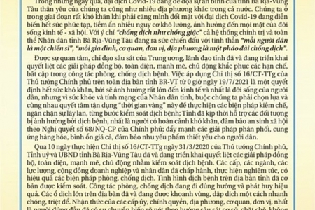 Bí thư Tỉnh ủy Bà Rịa - Vũng Tàu gửi thư ngỏ đến Nhân dân trong tỉnh sau 10 ngày giãn cách xã hội