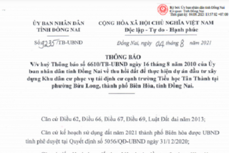 Đồng Nai: Hủy bỏ quyết định thu hồi đất dự án khu dân cư ở thành phố Biên Hòa hơn 10 năm chưa triển khai