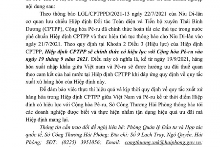 Hải Phòng: Sở Công thương thông báo hiệu lực thực thi hiệp định CPTPP của Pê-ru