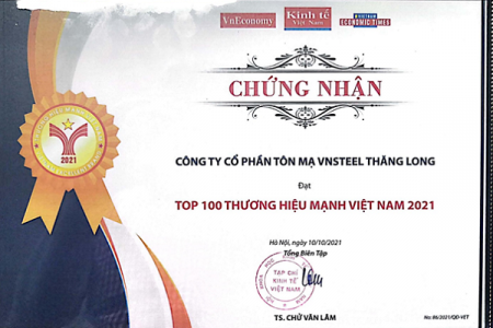 Tôn mạ Vnsteel Thăng Long - TOP 100 Thương hiệu Mạnh Việt Nam 2020 - 2021