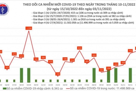 Ngày 03/11, cả nước số ca COVID-19 mới tăng vượt mốc 800 ca