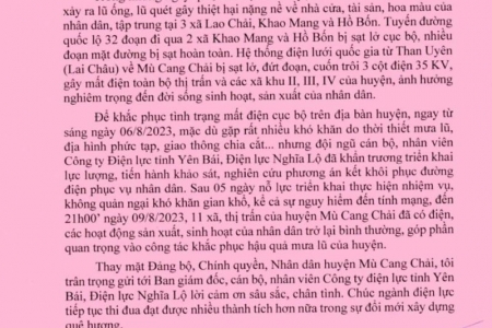 Thư cảm ơn ngành điện vì đã nỗ lực sớm cấp điện trở lại cho huyện Mù Cang Chải