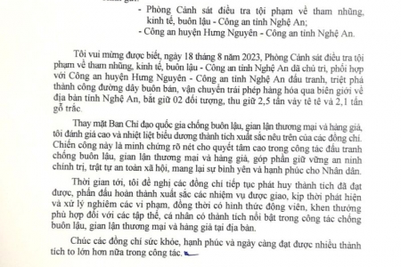 Phó thủ tướng Trần Lưu Quang gửi thư khen lực lượng công an tỉnh Nghệ An