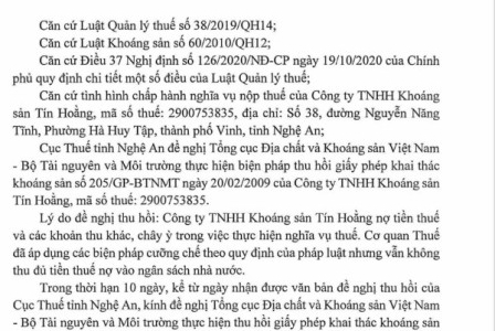 Công ty Tín Hoằng bị Cục Thuế Nghệ An đề nghị thu hồi giấy phép khai thác khoảng sản