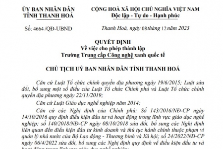 Thanh Hóa cho phép thành lập Trường Trung cấp Công nghệ xanh quốc tế