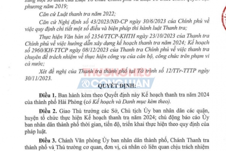 Năm 2024 Hải Phòng sẽ thanh tra 147 cuộc bao gồm cả hành chính và chuyên ngành