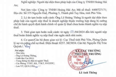 Phú Yên: Tạm hoãn xuất cảnh đối với ông Lê Hoàng Thông, người đại diện pháp luật của Công ty TNHH Hoàng Hải An