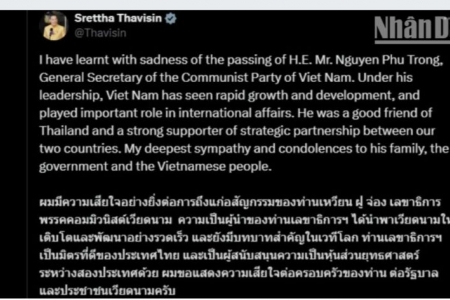 Thủ tướng Thái Lan và kiều bào tại Thái Lan chia buồn trước sự ra đi của Tổng Bí thư Nguyễn Phú Trọng