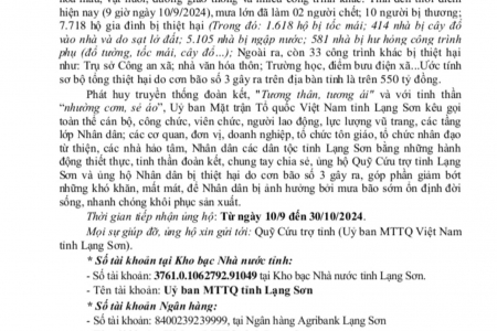 Ủy ban MTTQ Việt Nam tỉnh Lạng Sơn kêu gọi ủng hộ nhân dân bị thiệt hại do bão số 3