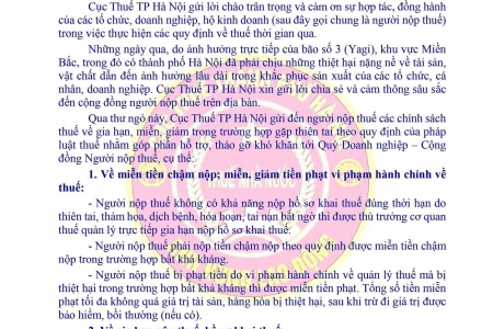 Cục Thuế Hà Nội lưu ý các chính sách liên quan đến gia hạn, miễn, giảm trong trường hợp thiên tai