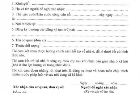 Mẫu giấy tờ chứng minh đối tượng được hưởng chính sách hỗ trợ về nhà ở trong Quân đội nhân dân