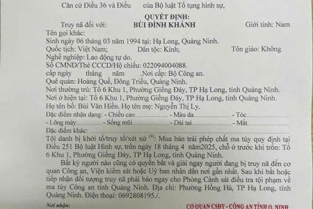 Quảng Ninh: Truy nã đối tượng Bùi Đình Khánh về tội mua bán trái phép chất ma tuý