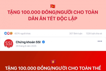 Chứng khoán SSI tặng chứng sĩ 100.000 đồng dịp Quốc khánh 2/9