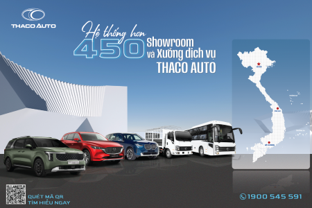 Hệ thống hơn 450 showroom và xưởng dịch vụ THACO AUTO trên toàn quốc, đáp ứng mọi nhu cầu của khách hàng