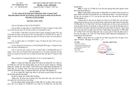 Quảng Trị: Một doanh nghiệp bị cưỡng chế thuế bằng biện pháp trích tiền từ tài khoản ngân hàng