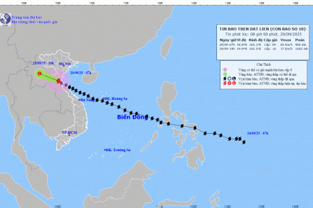 Tâm bão số 10 đã dịch chuyển lên biên giới Nghệ An – Lào