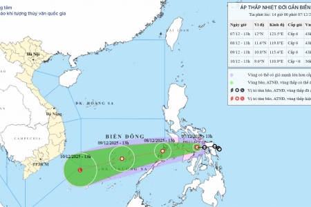 Áp thấp nhiệt đới gây gió mạnh trên vùng biển phía Đông Nam khu vực giữa Biển Đông