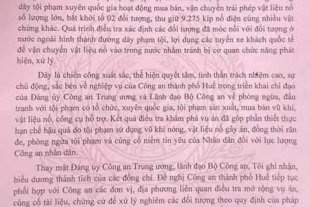 Bộ Công an gửi thư khen Công an thành phố Huế về chiến công triệt phá đường dây vật liệu nổ