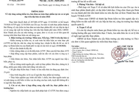 Xã Kim Thành: Tăng cường kiểm tra, bảo đảm an toàn thực phẩm tại các trường học