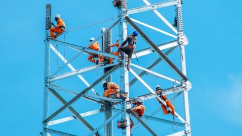 Những “chú lính chì” Điện lực Nam Định trèo cao, làm việc liên tục dưới thời tiết nắng nóng thi công đường dây 500kV mạch 3