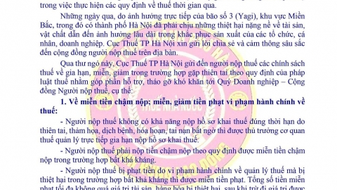 Cục Thuế Hà Nội lưu ý các chính sách liên quan đến gia hạn, miễn, giảm trong trường hợp thiên tai