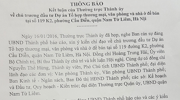 Thành ủy Hà Nội: Chấp thuận chủ trương đầu tư Dự án Tổ hợp TM, văn phòng để bán