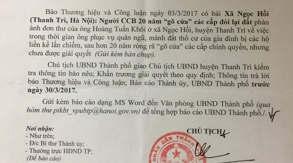 Người CCB 20 gõ cửa các cấp đòi đất ( Ngọc Hồi, Thanh Trì, HN): UBND TP. Hà Nội chỉ đạo làm rõ