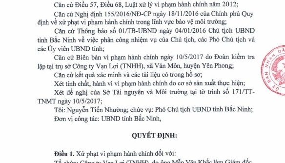 Bắc Ninh: Vi phạm môi trường, Công ty Vạn Lợi bị phạt hơn 700 triệu đồng