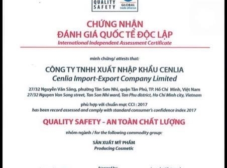 Mỹ phẩm CENLIA đạt chứng nhận “Quality Safety - An toàn chất lượng” năm 2017