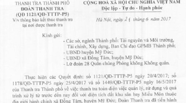 Hà Nội: Thông báo kết thúc thanh tra tại Đồng Tâm