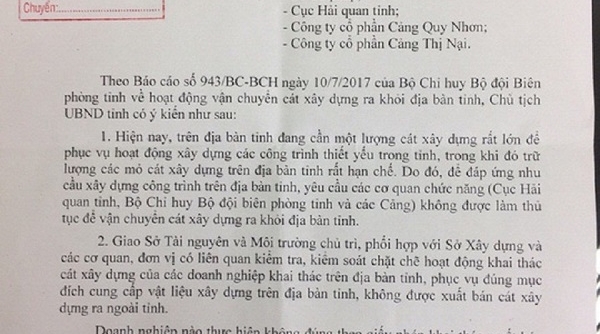 Chủ tịch UBND tỉnh Bình Định ban hành "lệnh cấm" bán cát ra ngoài tỉnh