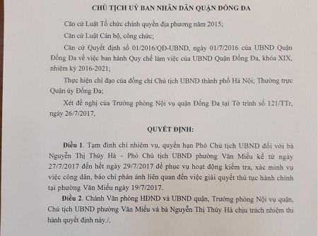 Hà Nội: Tạm đình chỉ nhiệm vụ Phó chủ tịch UBND phường Văn Miếu